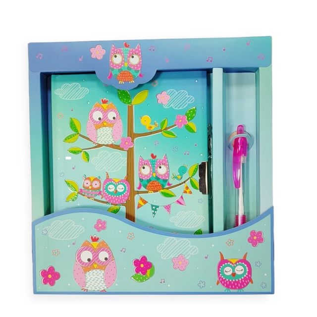 Блокнот дитячий на замочку в подар.коробочці з ручкою 195x210х20mm, 70g, 56 л, Сови на дереві