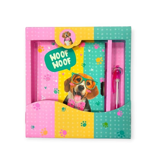 Блокнот дитячий на замочку в подар.коробочці з ручкою 195x210х20mm, 70g, 56 л, Песик в окулярах і метеликом
