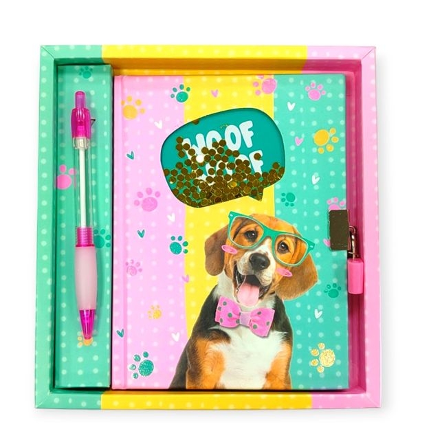 Блокнот на замочку з ручкою 190x200x25mm, 70g, 56 л, Песик в окулярах і метелику