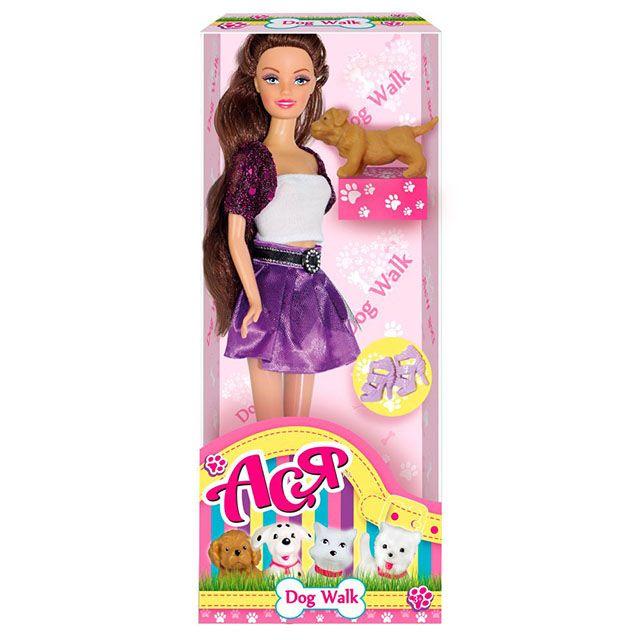 Лялька Ася брюнетка в фіолетовому з улюбленцем, Прогулянка з собачкою 35060